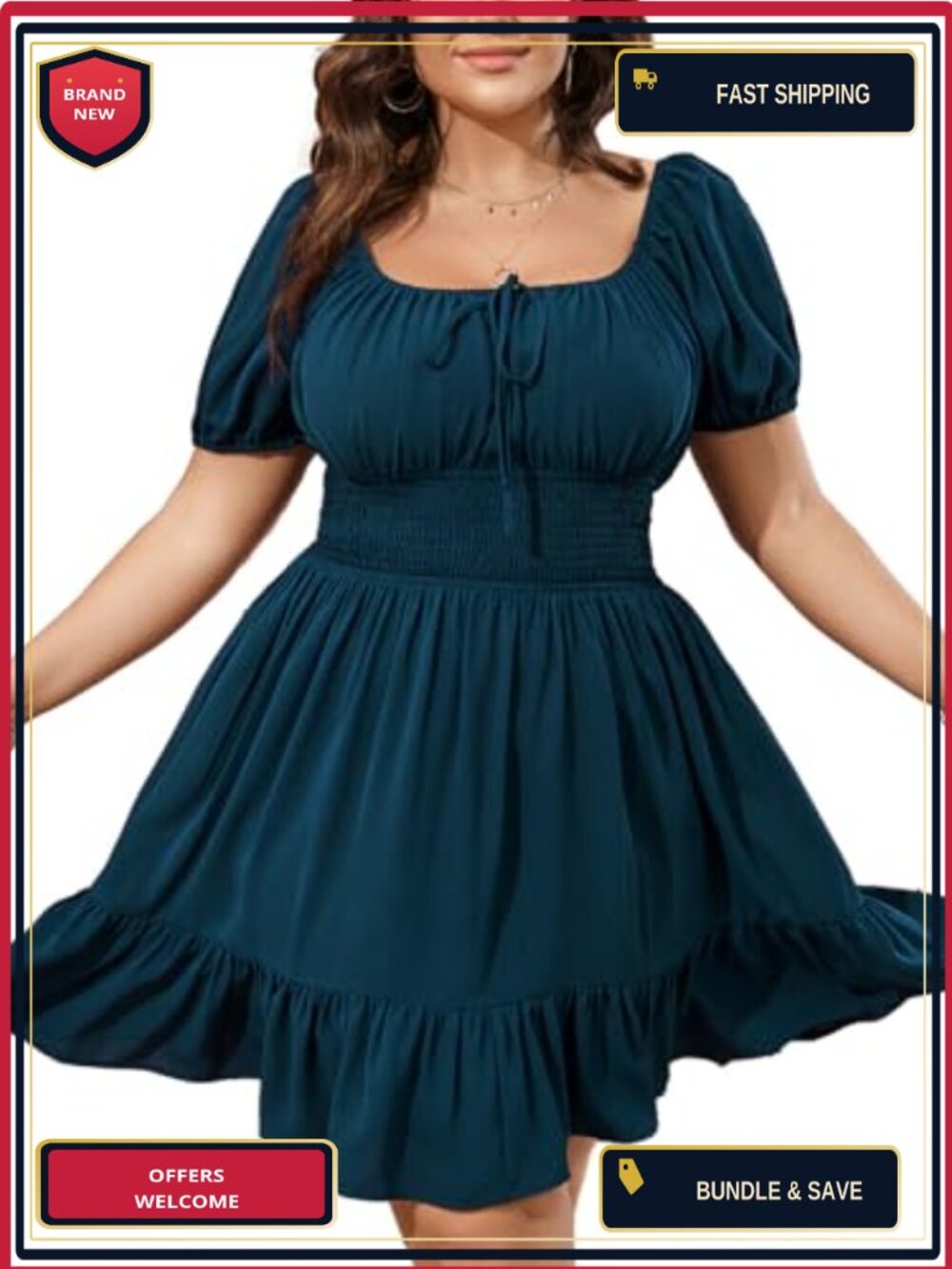 Plus Size Mini Dress Square Neck Puff Short Sleeve A-Line Boho Casual Summer